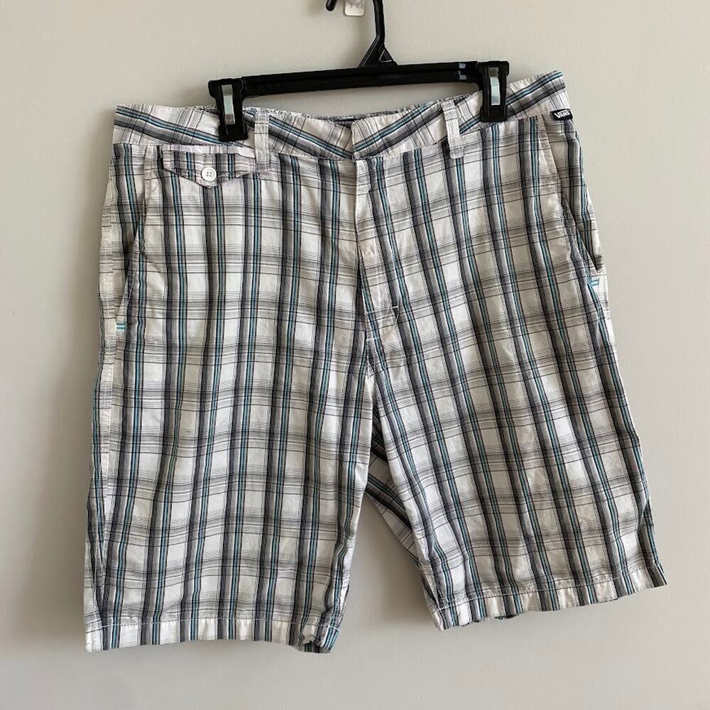 VANS Men's Plaid Skater Shorts White Blue Gray Size 34 Casual Chino 100% Cotton